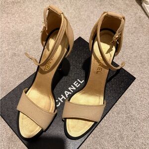 Chanel Gold and Black Ankle-Strap  Heel Sandals